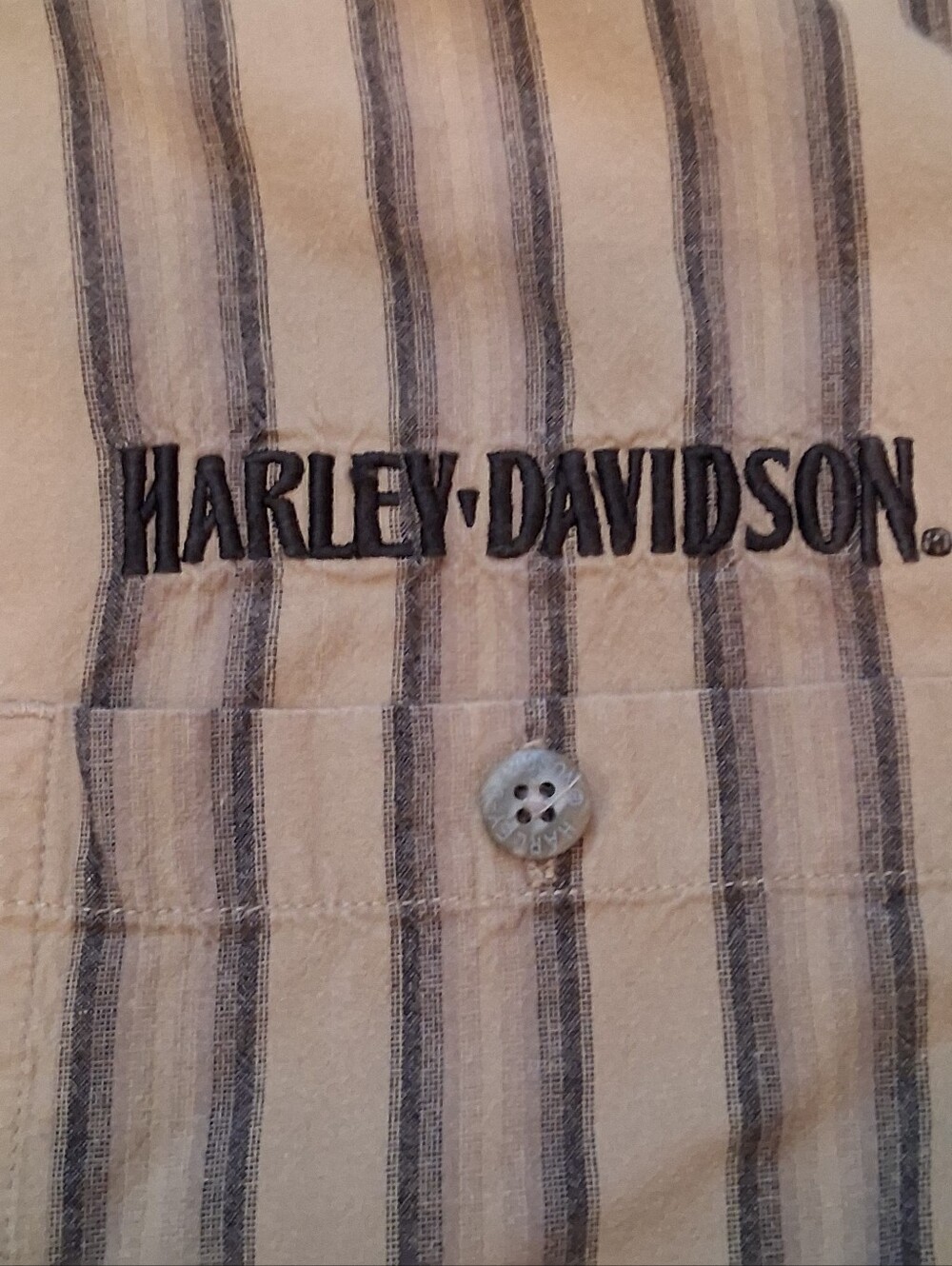 Harley-Davidson Men's Striped Button-Up Shirt Tan Short Sleeves.
